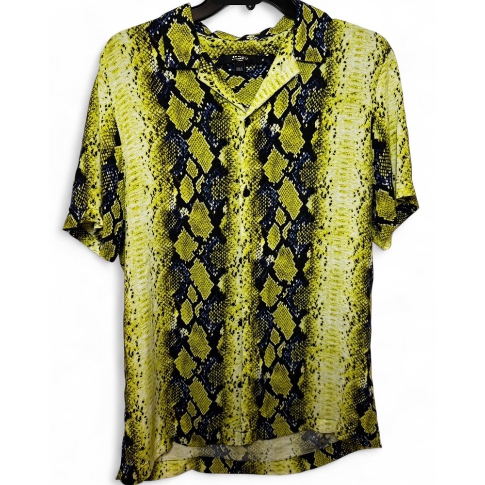 Jaded London Mens Yellow Snakeskin Print Short Sleeve Camp Collar Shirt Medium